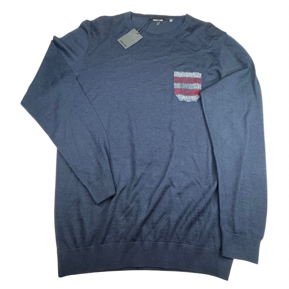 Jared Lang Sweater Men Large Navy Blue Wool/Acrylic USA Striped Pocket Pullover